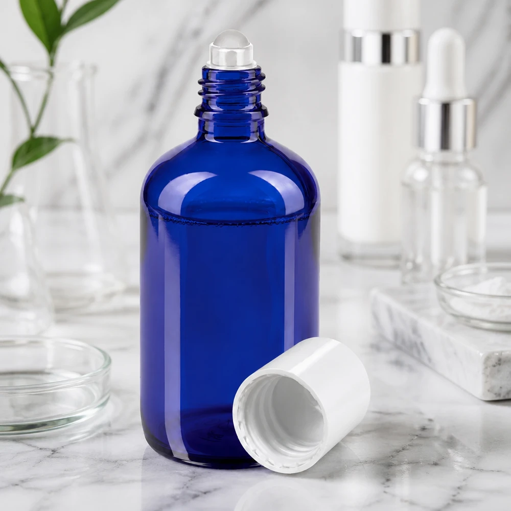 Hochwertige 100ml blaue Glasflasche mit Rollapplikator für ätherische Öle