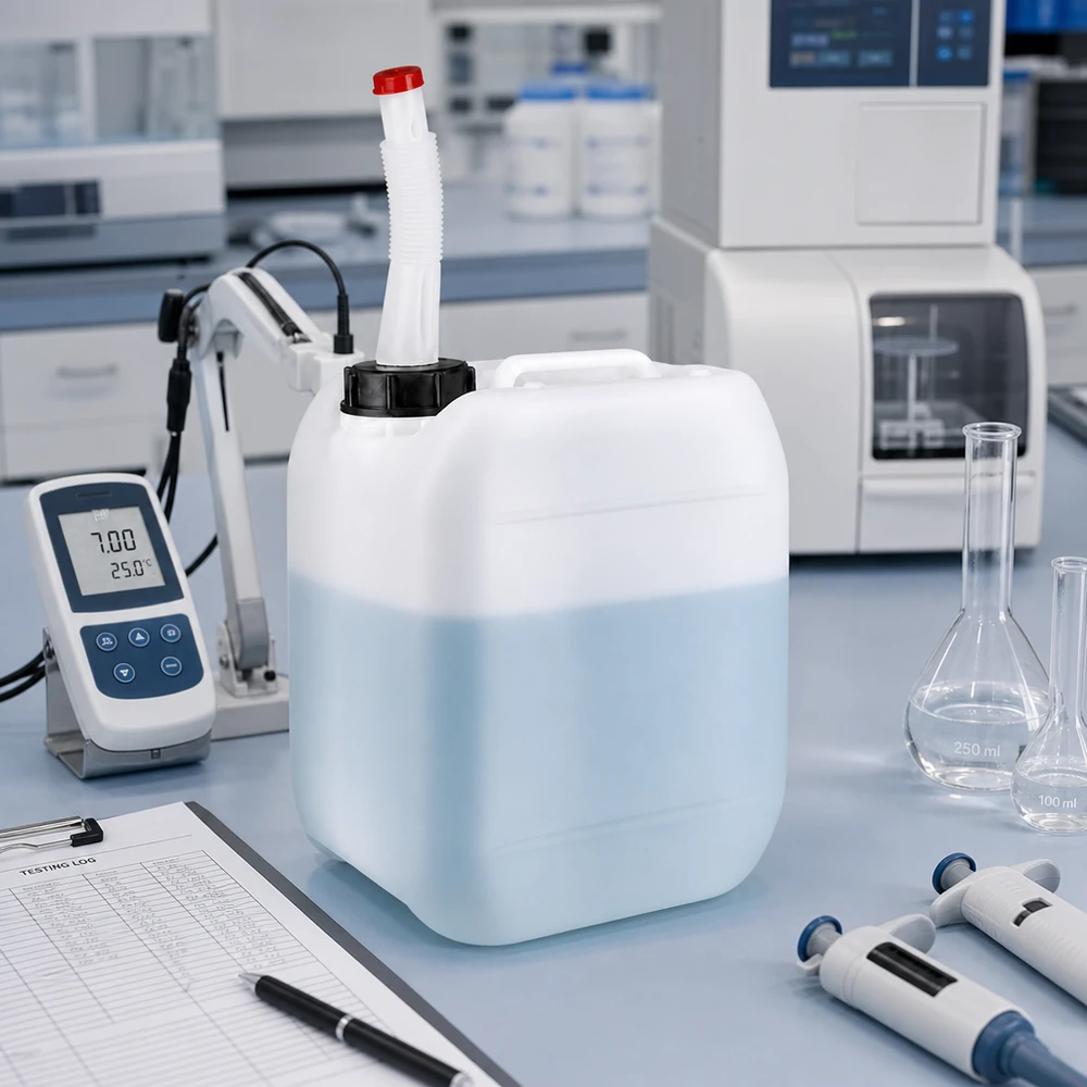 Halbgefüllter 5 Liter Kanister mit beweglichem Ausgießrohr neben wissenschaftlichen Messgeräten