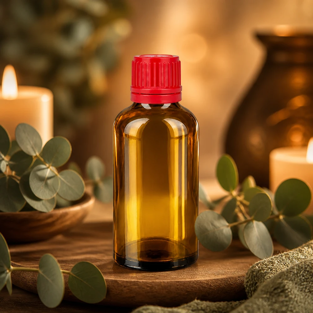 Kompakte 50ml Glasflasche in Braun mit rotem Deckel perfekt für DIY Naturkosmetik Projekte