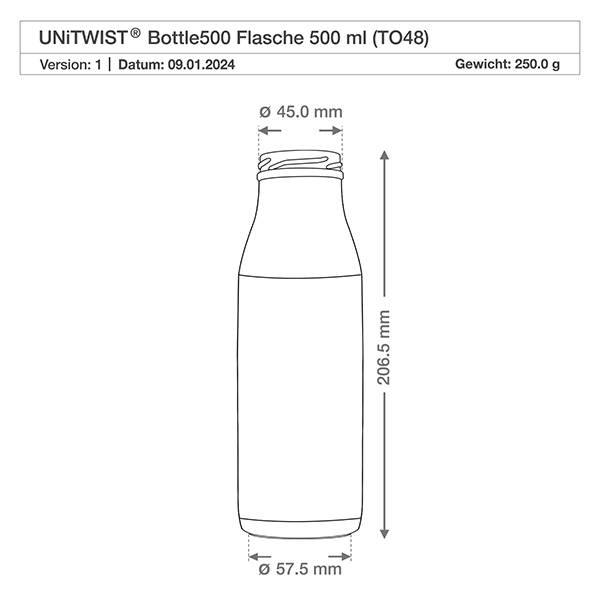 500ml Glasflasche ohne Deckel (TO48) UNiTWIST Technische Zeichnung 500ml Glasflasche TO48 UNiTWIST mit Maßangaben: 205,5mm Höhe, 57,5mm Durchmesser, 250g Gewicht