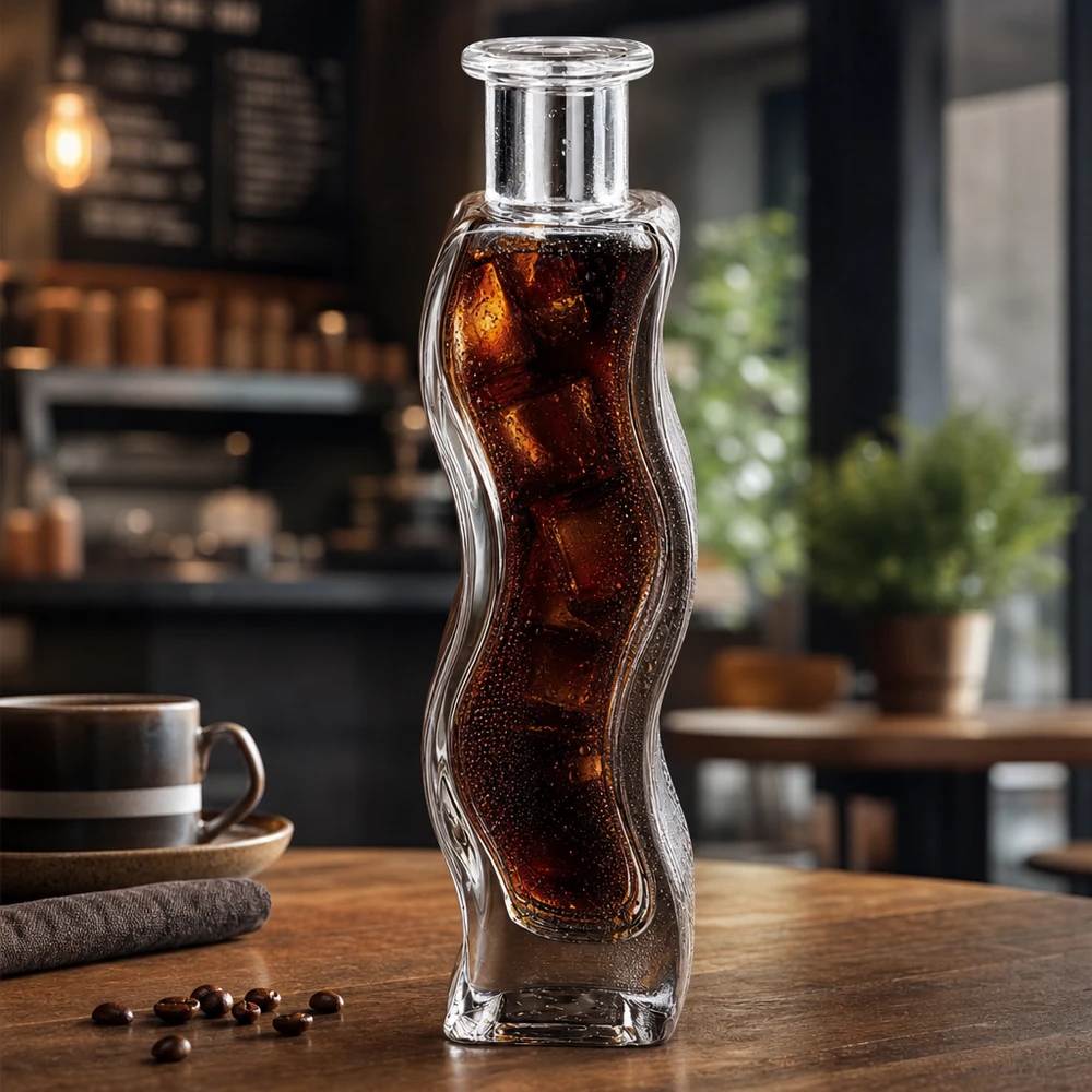100ml Glasflasche "Melissa" ohne Verschluss UNiTWIST Glasflasche Melissa 100ml mit Cola-Getränk und Eiswürfeln gefüllt in modernem Café-Ambiente auf Holztisch