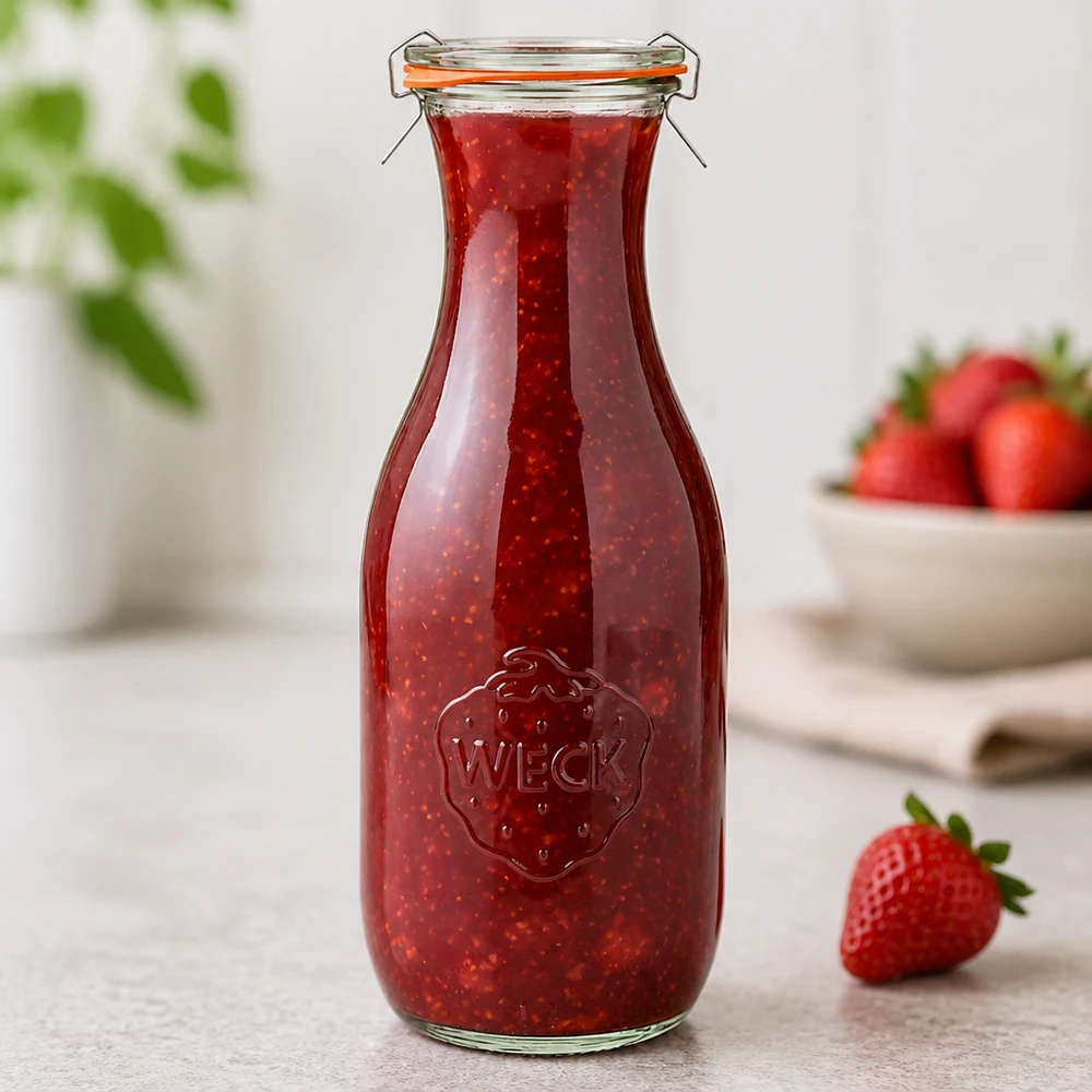 WECK Saftflasche 1062ml RR60 mit Erdbeerkonfitüre gefüllt zeigt eingeprägtes Logo und Bügelverschluss Detail
