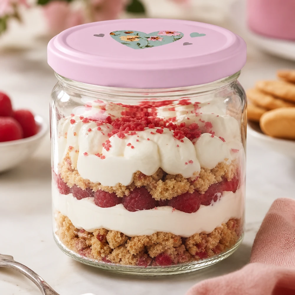 408ml Rundglas + BasicSeal Deckel Herz rosa UNiTWIST 408ml Rundglas mit rosa Herz-Deckel als Dessertglas für Schichtnachtisch mit Beeren und Sahne serviert
