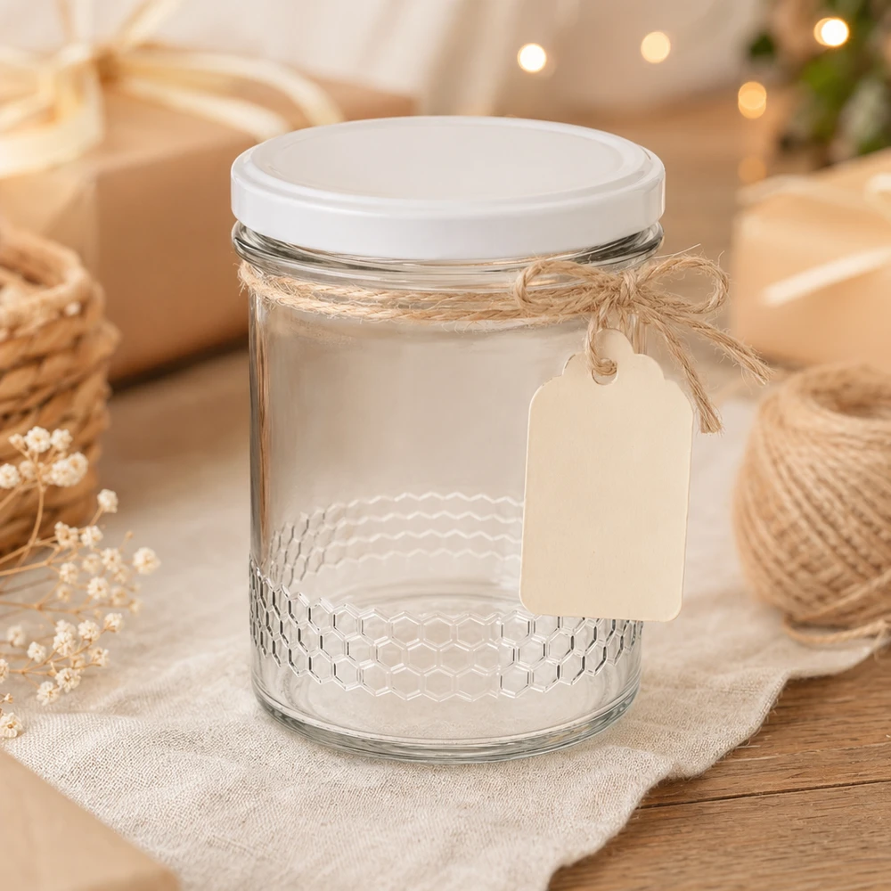 560g Honigglas + BasicSeal Deckel weiß UNiTWIST 400ml Honigglas mit Juteschnur und Geschenkanhänger rustikale Dekoration BasicSeal Deckel weiß UNiTWIST System