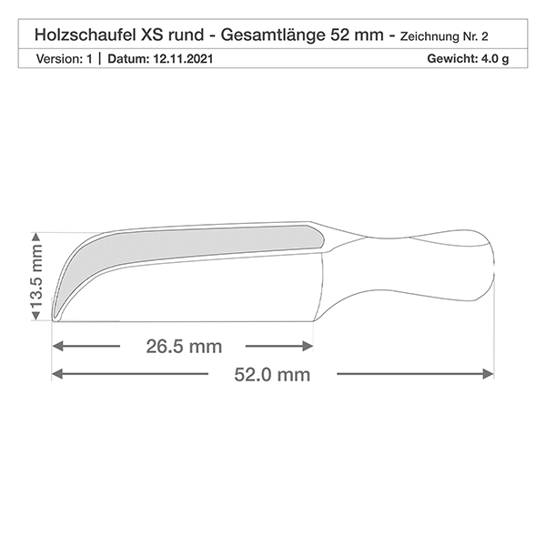 Holzschaufel Grösse XS halbrunde Form - 52mm lang Detailzeichnung der kompakten Holzschaufel XS mit 3,5mm Tiefe - ideal für Gewürzdosierung in der Küche