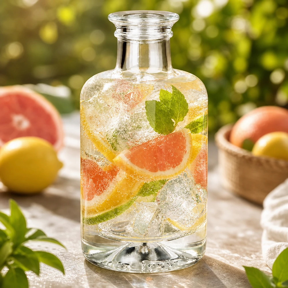 100ml Glasflasche Sofia mit Infused Water Grapefruit Minze und Eis gefüllt outdoor Ambiente mit Zitrusfrüchten