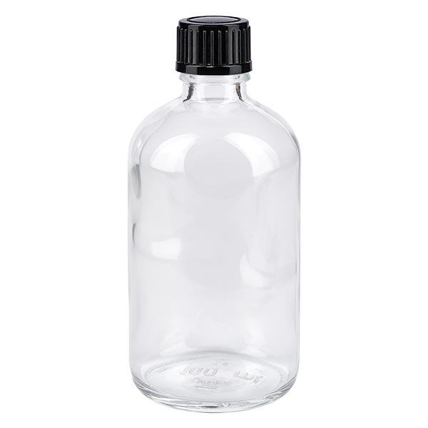 Apothekenflasche klar 100ml Tropfverschluss 1mm schwarz Standard Apothekenflasche klar 100ml Tropfverschluss 1mm schwarz Standard