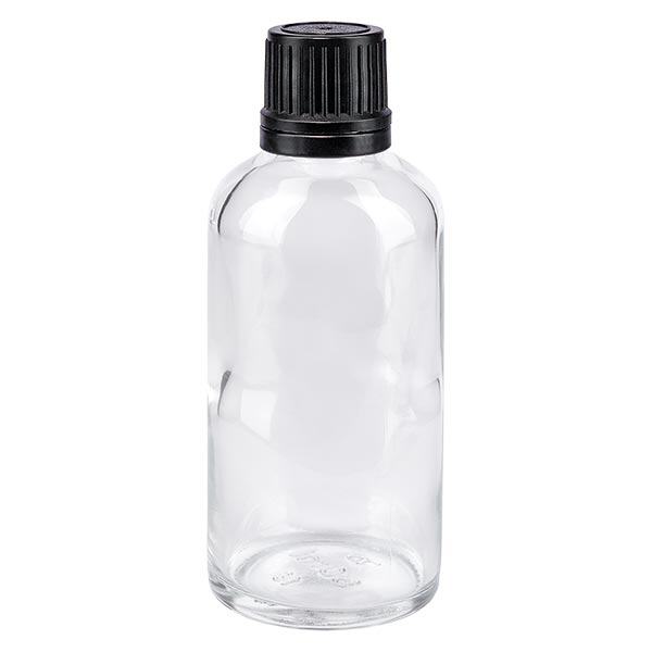 Apothekenflasche klar 50ml Tropfverschluss Giessring 1mm schwarz Originalitätsverschluss Apothekenflasche klar 50ml Tropfverschluss Giessring 1mm schwarz Originalitätsverschluss