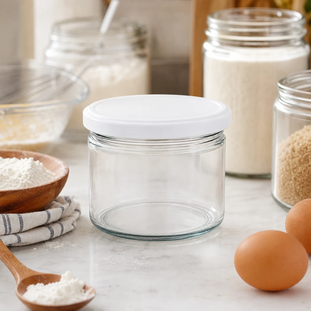 540ml Rundglas BasicSeal weiß in stylischer Küche mit Backzutaten - elegantes Vorratsglas für Mehl und Backen