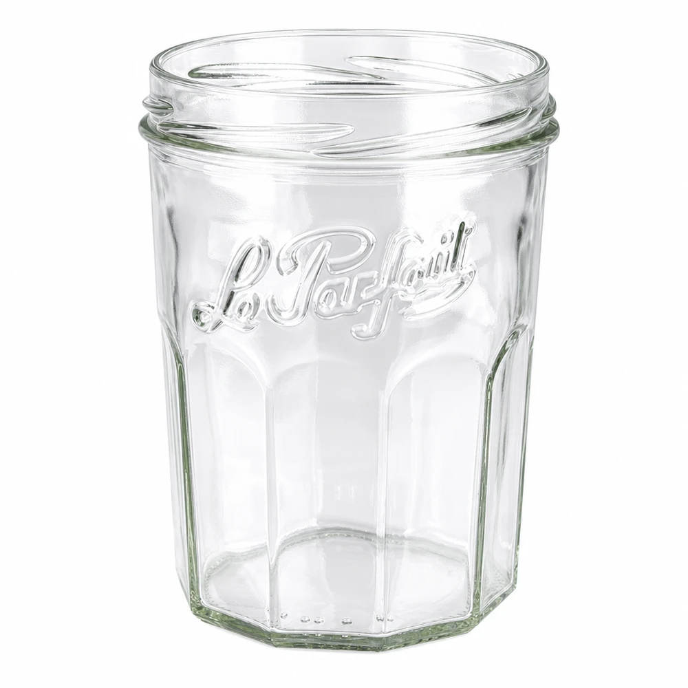 385ml Sturzglas "Jam" mit Schraubdeckel Le Parfait® Le Parfait Einmachglas 385ml ohne Deckel zeigt elegante Rillenstruktur und Markenprägung für Konfitüre