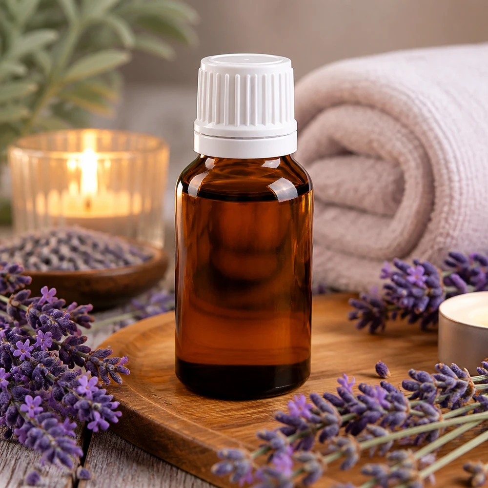 Medizinflasche aus dunkelbraunem UV-Schutzglas mit Dosiertropfer auf Holzbrett mit Lavendel