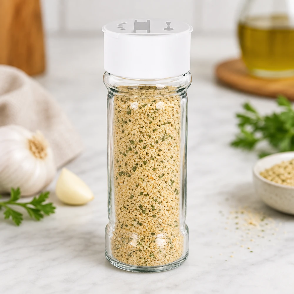 Salz-/Gewürzglas 100ml mit Doppelstreuer weiss Gewürzstreuer 100ml aus klarem Glas mit weißem Deckel auf weißer Marmoroberfläche