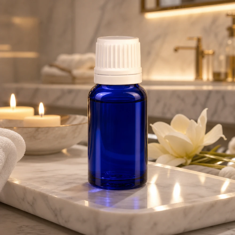Kobaltblaue Miniaturflasche aus Apothekerglas mit präzisem Tropfaufsatz in Wellnessumgebung