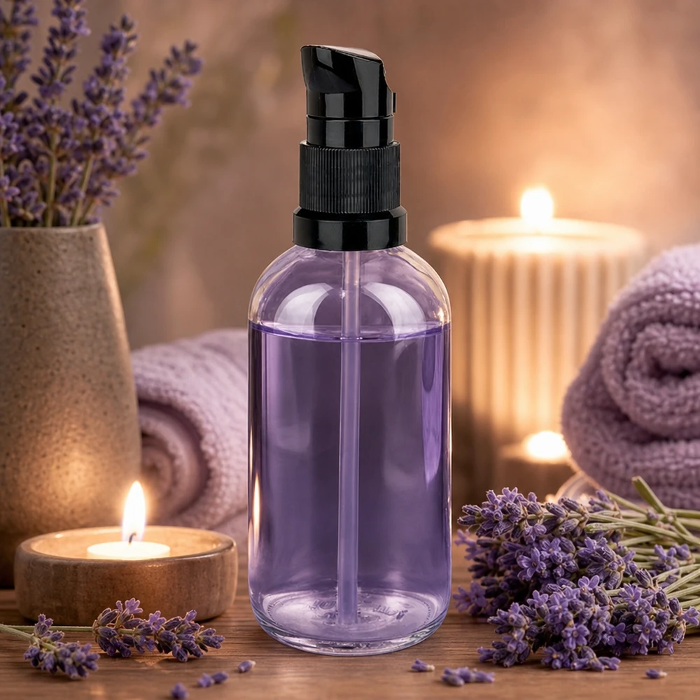 100ml Pumpflasche schwarz Standardverschluss ClearLine UT18/100 Kleine 100ml Pumpspender Klarglas schwarzer Verschluss Lavendelessenz Naturkosmetik Ambiente