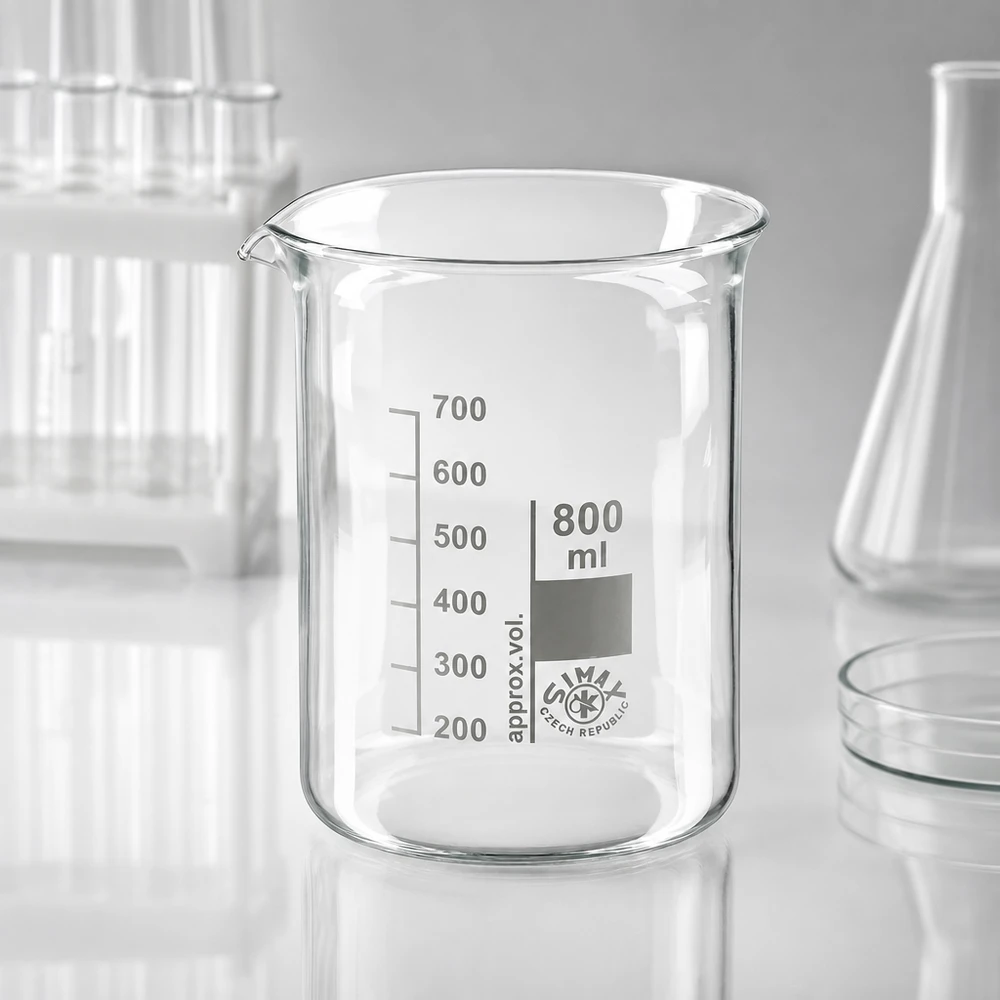 Becherglas 800ml Borosilikatglas, niedrige Form Laborbecher 800ml aus Borosilikatglas mit präziser Volumenskala für exakte Dosierung