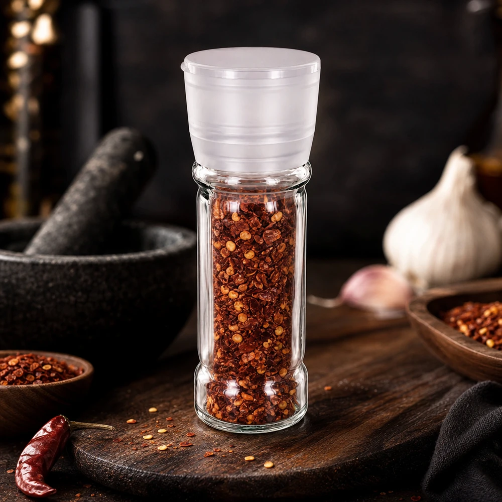 Salz-/Gewürzglas 100ml mit Mühle Vario weiss Nachfüllbares 100ml Gewürzglas mit weißer Vario Mühle als praktisches Küchenzubehör für Chili