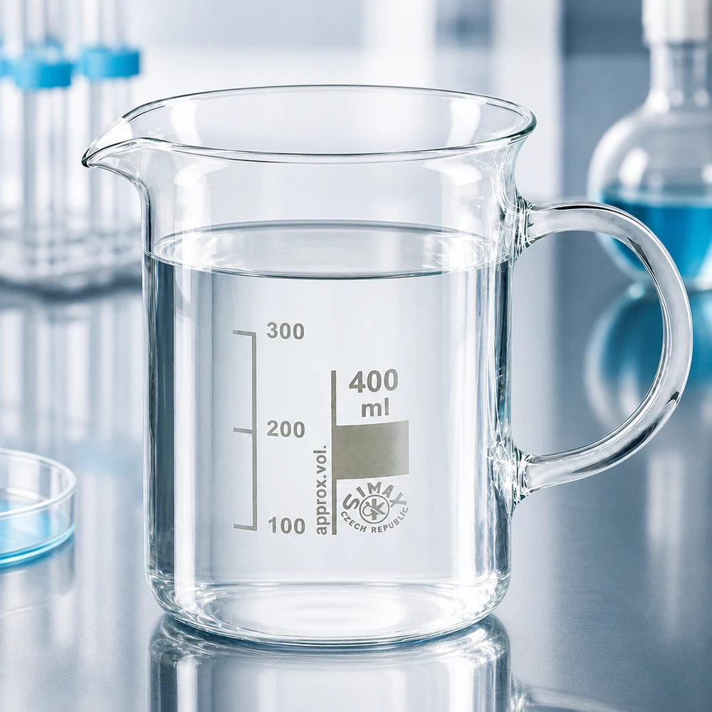 Becherglas 400ml Borosilikatglas, mit Henkel Hochwandiges Becherglas 400ml mit Henkel dickwandiges Borosilikatglas SIMAX Czech Republic