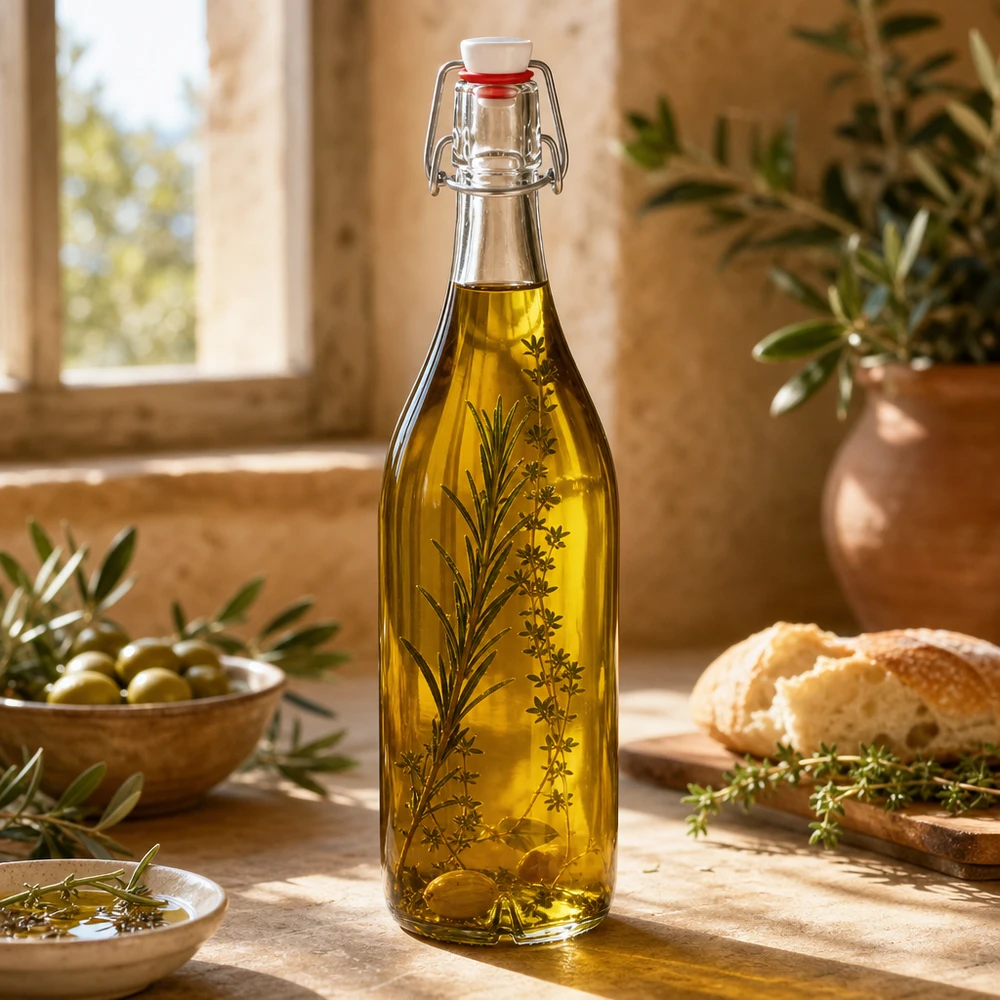 1000ml Glasflasche und Bügelverschluss PVC UNiTWIST 1000ml Glasflasche Bügelverschluss mit Olivenöl und Kräutern gefüllt mediterrane Küche Lifestyle Anwendung