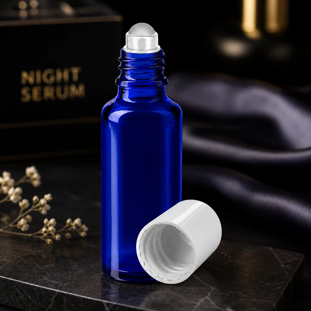 Apothekenflasche blau 30ml Roll-On Verschluss weiß Schlanke blaue 30ml Glasrollflasche mit transparenter Rollkugel für Kosmetikanwendungen