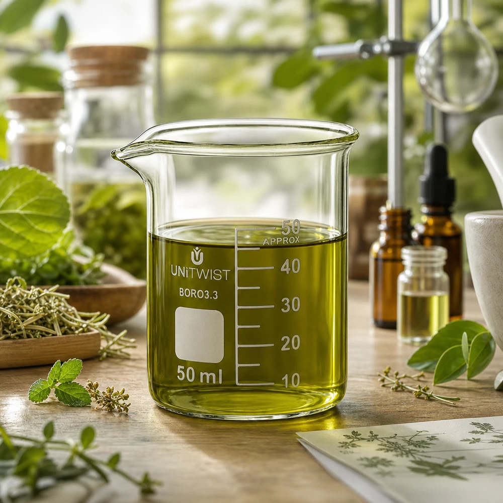 Becherglas 50ml Borosilikat, niedrige Form UNiTWIST Transparentes Becherglas UNiTWIST 50ml niedrige Form mit olivgrünem Pflanzenöl auf Holzunterlage