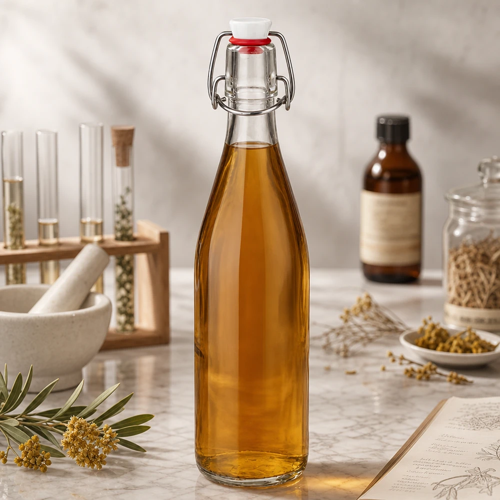 500ml Glasflasche und Bügelverschluss Porzellan UNiTWIST 500ml Glasflasche Bügelverschluss mit goldener Flüssigkeit in Naturkosmetik-Labor neben Kräutern und Ölen