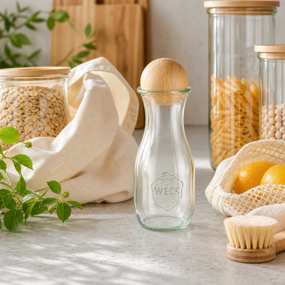 WECK Saftflasche 530ml mit Holzkugel in nachhaltiger Zero-Waste Küche neben Jutebeutel und Vorratsgläsern