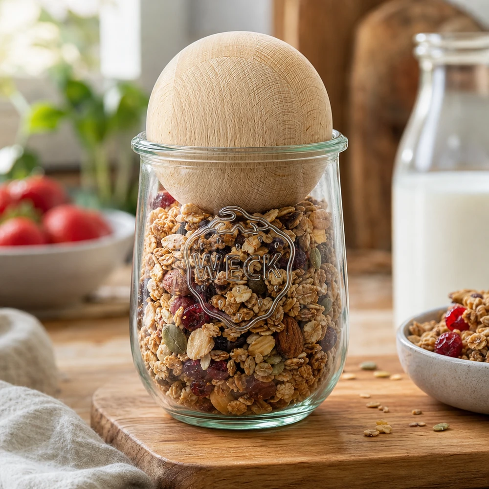 1062ml Tulpenglas WECK RR100 mit Holzkugel Buche WECK Vorratsglas 1062ml RR100 gefüllt mit Müsli und Nüssen zeigt praktische Küchenlagerung mit Buchenholzkugel
