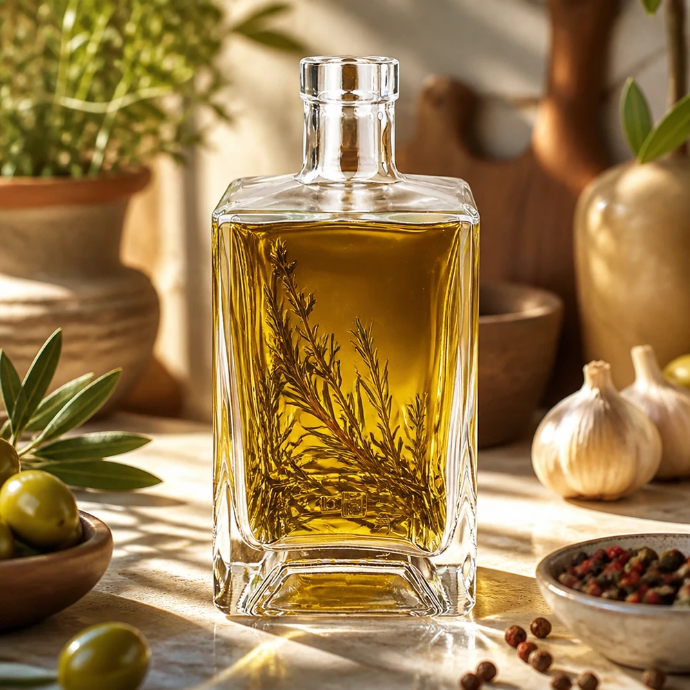 700ml Glasflasche "Gali" ohne Verschluss UNiTWIST® Glasflasche Ben 700ml befüllt mit Olivenöl und Kräutern in mediterraner Küche als Anwendungsbeispiel