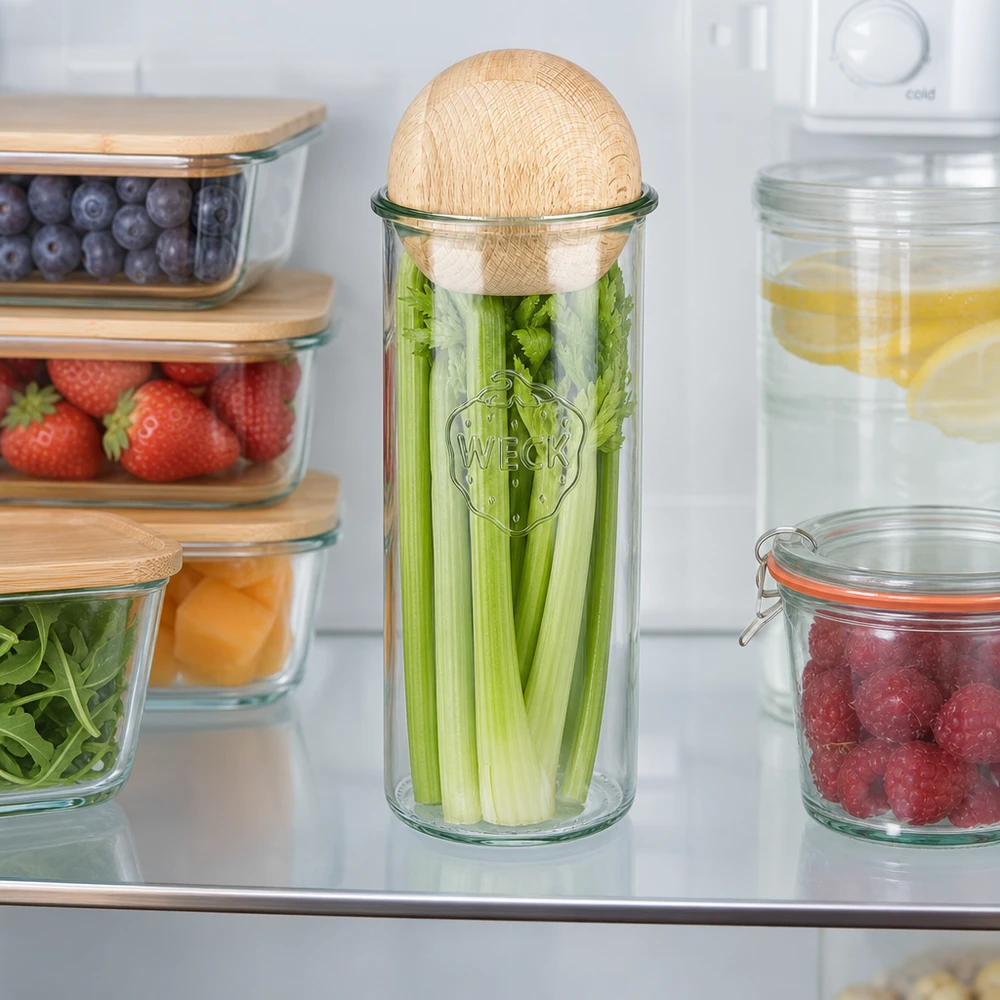 1500ml Sturzglas WECK RR100 mit Holzkugel Buche WECK Sturzglas 1500ml RR100 im Kühlschrank mit Sellerie, Holzkugel-Deckel Buche, Frischhaltung von Gemüse