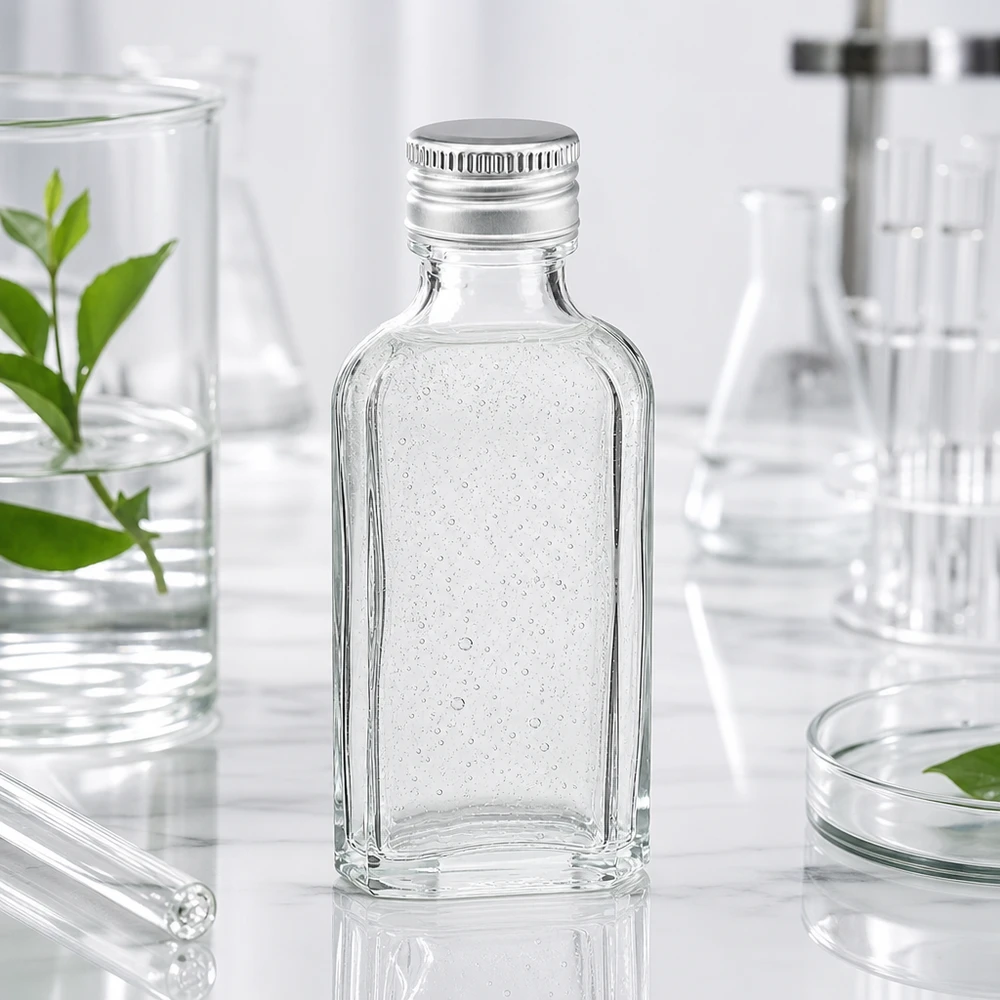 50 ml Meplat klar mit Alu Verschluss silber PP22 Miniatur Meplat Glasflasche 50ml klar mit silbernem PP22 Aludeckel neben Laborgeräten