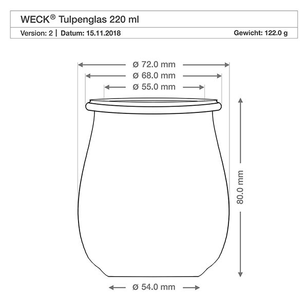 220ml Tulpenglas WECK RR60 mit Korken natur Technische Zeichnung WECK Tulpenglas 220ml RR60 mit Maßangaben und Abmessungen - Produktspezifikation Einmachglas