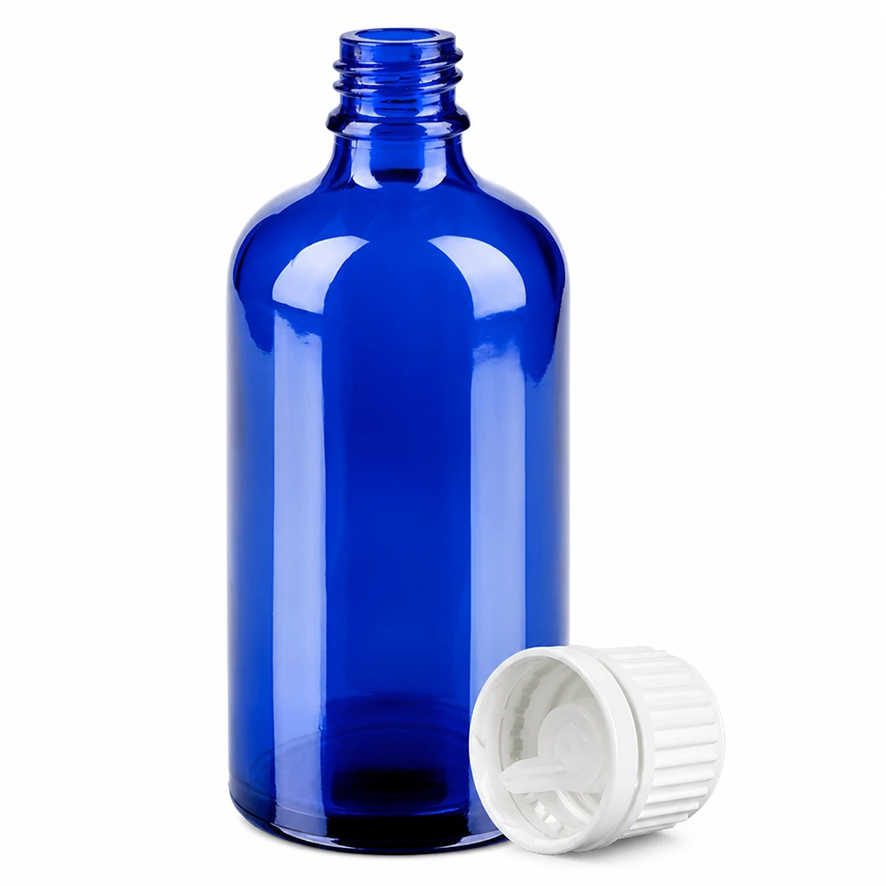 100ml Tropfflasche 0.7mm weiß Originalitätsverschluss BlueLine UT18/100 Nachfüllbare Glasflasche 100ml blau mit weißem Tropfdeckel für DIY Kosmetik und Seren