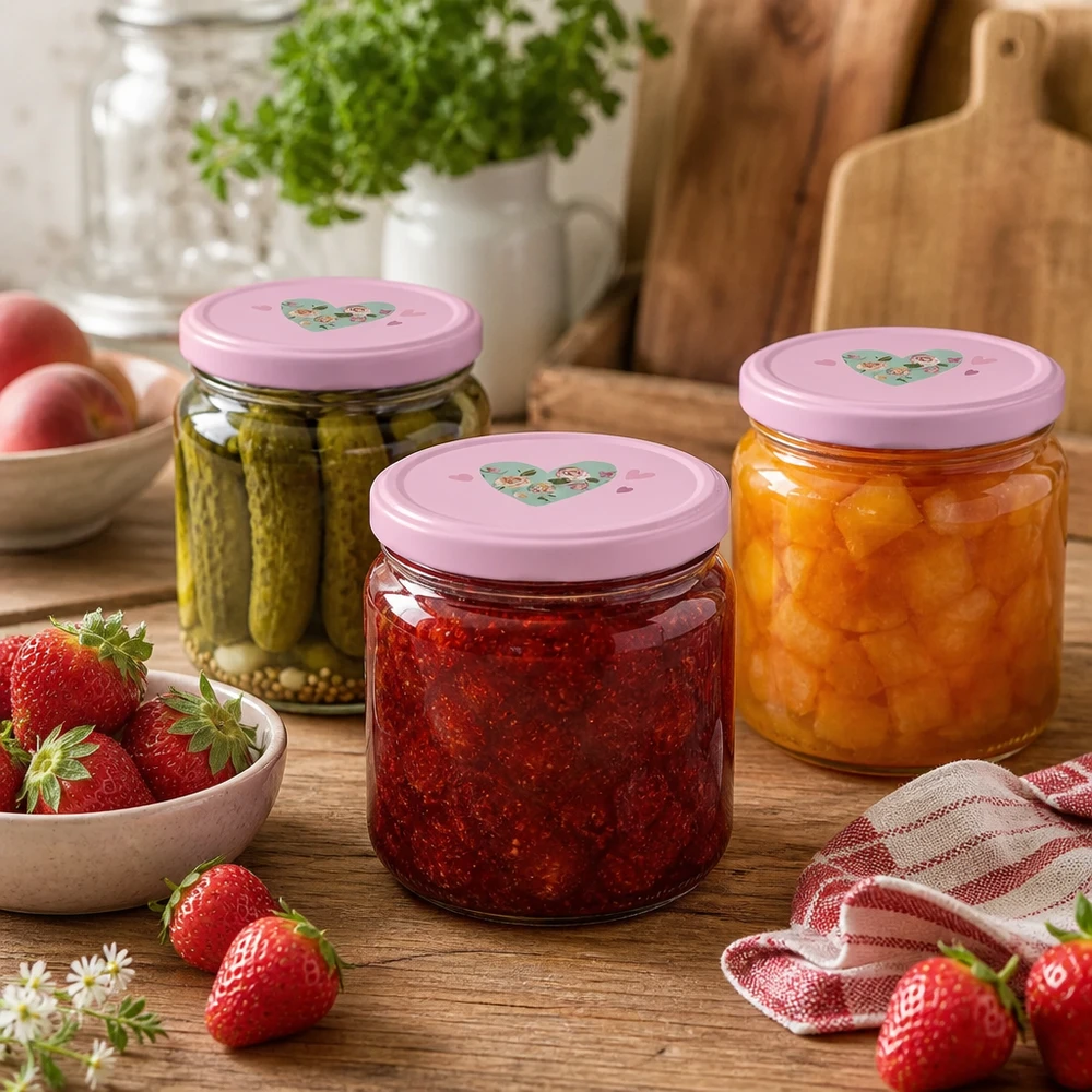 330ml Rundglas + BasicSeal Deckel Herz rosa UNiTWIST Drei 330ml Rundgläser mit rosa BasicSeal Herz-Deckeln gefüllt mit Gurken, Erdbeermarmelade und Aprikosen-Konfitüre