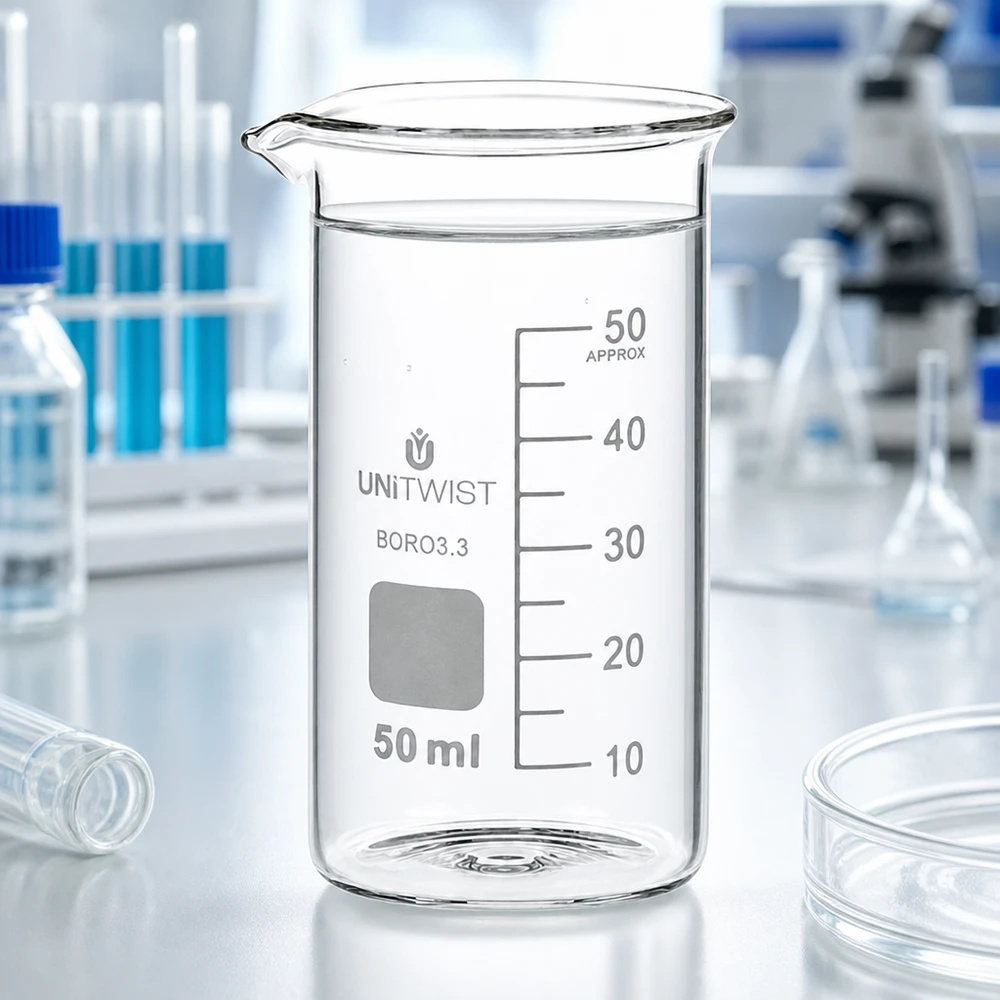 Becherglas 50ml Borosilikat, hohe Form UNiTWIST Chemieglas 50ml hohe Form UNITWIST Borosilikat 3.3 mit grauer Skala und quadratischem Etikett