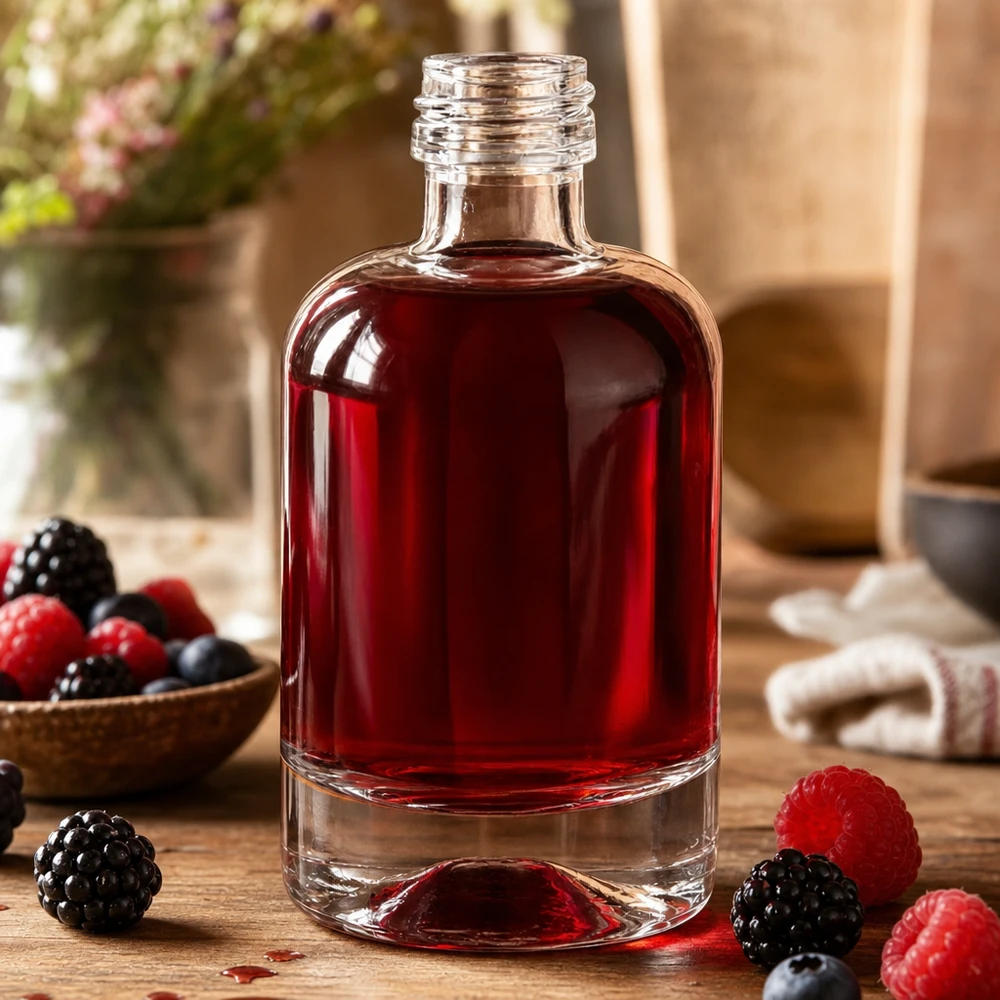 40ml Glasflasche "Sara" ohne Schraubverschluss UNiTWIST 40ml Glasflasche Sara mit rotem Beerenlikör gefüllt umgeben von frischen Beeren als Dekoration ohne Verschluss