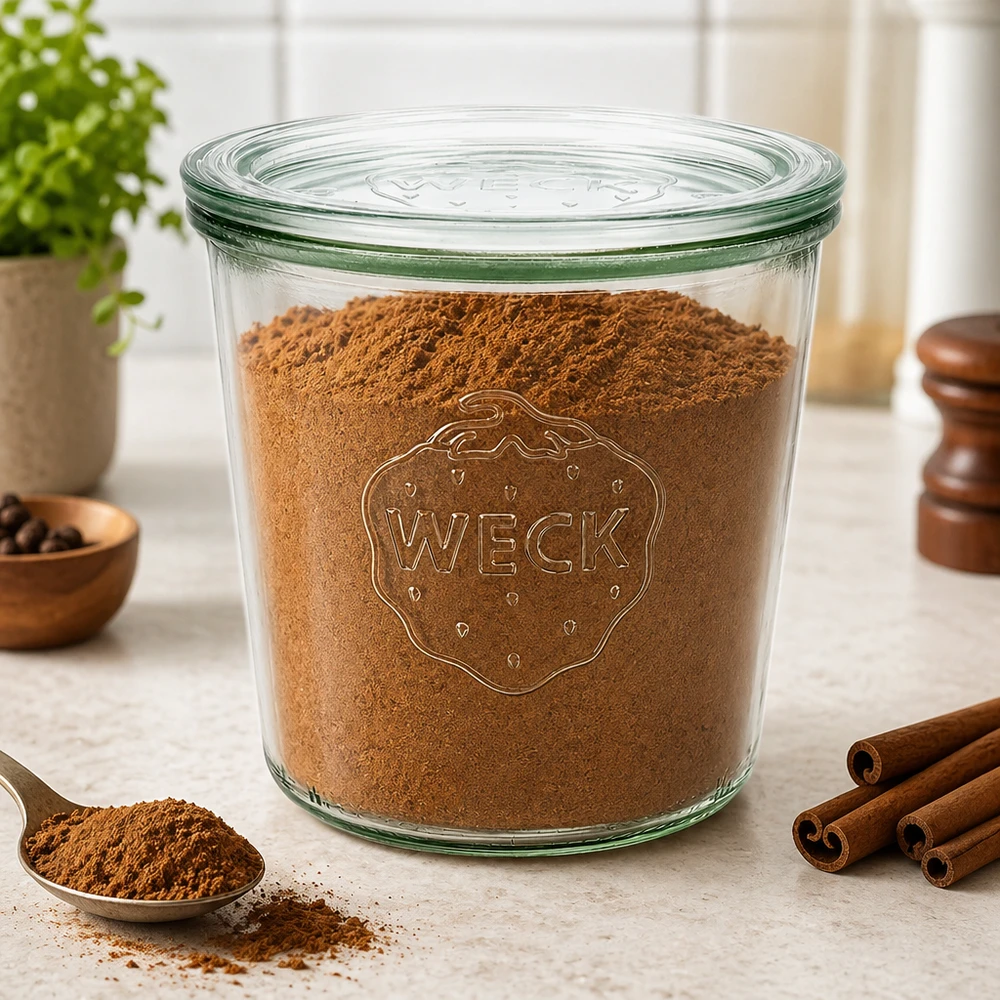 580ml Sturzglas mit Glasdeckel WECK RR100 WECK Sturzglas 580ml RR100 gefüllt mit Kakaopulver und Zimt auf Arbeitsplatte für Gewürz Vorratshaltung