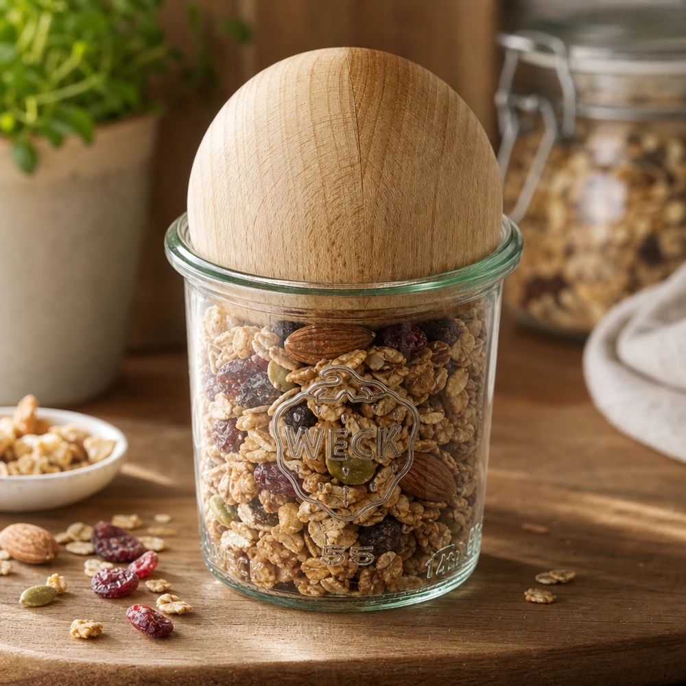 WECK Einmachglas 140ml RR60 gefüllt mit Nüssen und Trockenfrüchten, Holzkugel-Verschluss aus Buche als Deckel