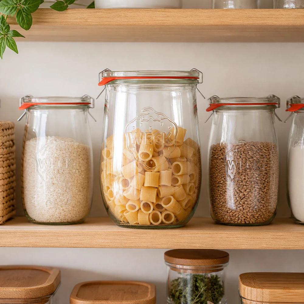 1062ml Tulpenglas komplett WECK RR100 WECK Tulpenglas 1062ml RR100 als Vorratsdose für Reis Nudeln und Linsen in organisierter Küche mit Holzregalen