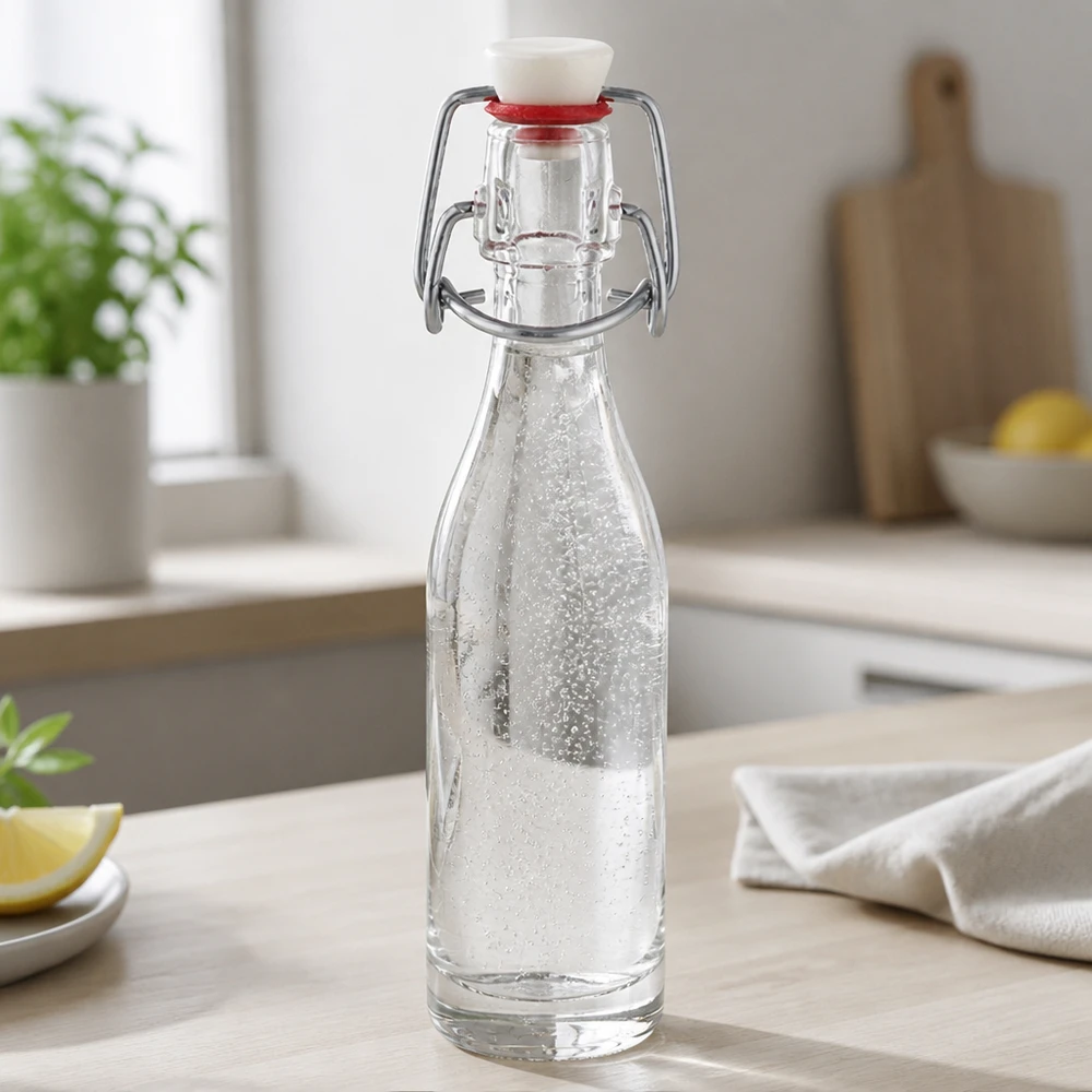 50ml Glasflasche und Bügelverschluss PVC UNiTWIST 50ml Glasflasche Bügelverschluss in moderner Küche mit Wasser gefüllt - praktische Anwendung im Alltag