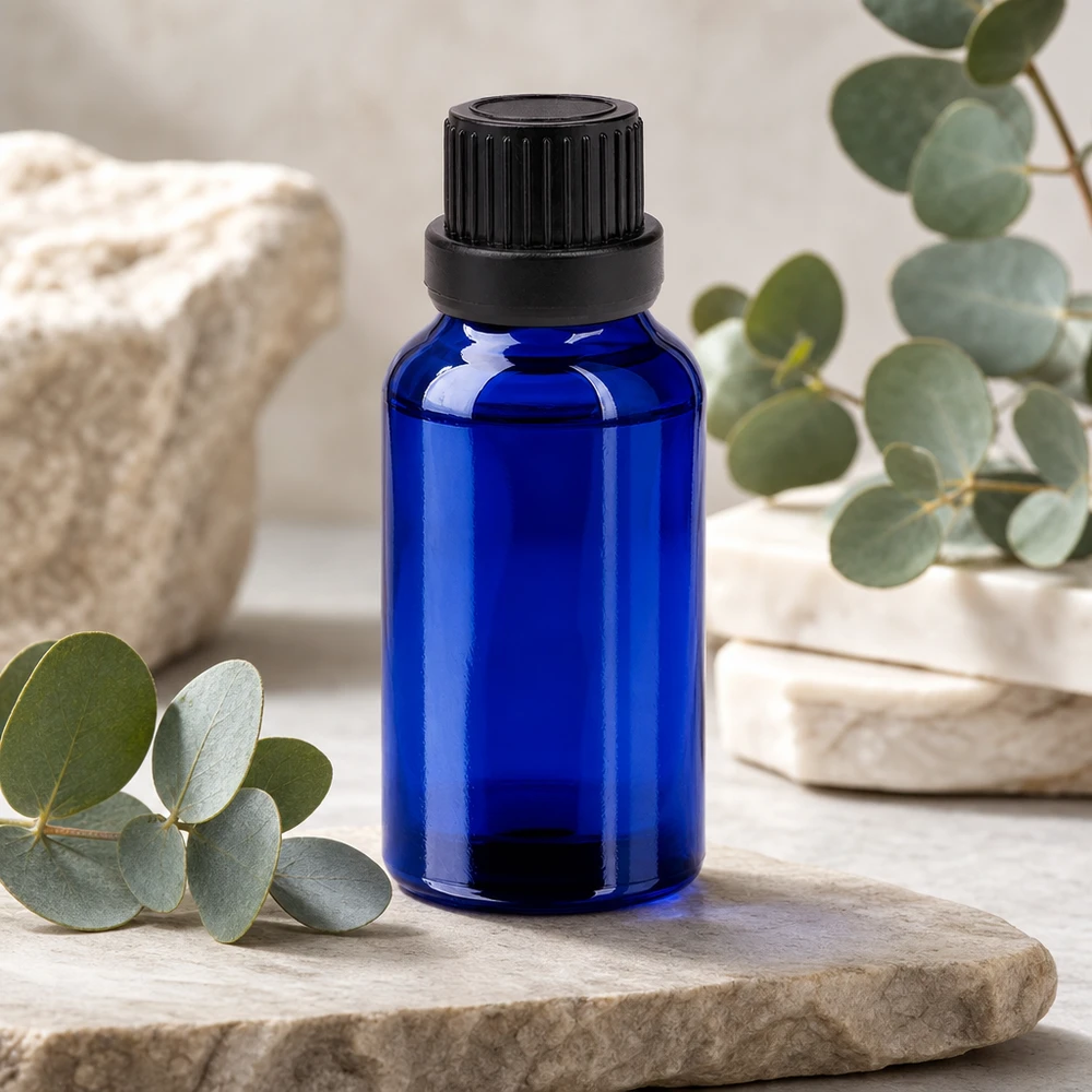 20ml Flasche 11mm Schraubverschluss schwarz Originalitätsverschluss BlueLine UT18/20 Elegante blaue 20ml Flasche aus Borosilikatglas mit ergonomischem schwarzen Deckel