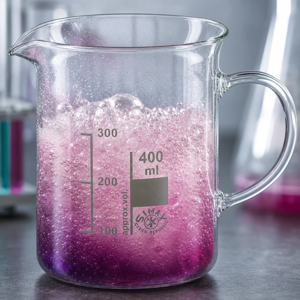 Borosilikatglas Becherglas 400ml Henkel violetter Farbstoff schäumt Labor Chemieexperiment