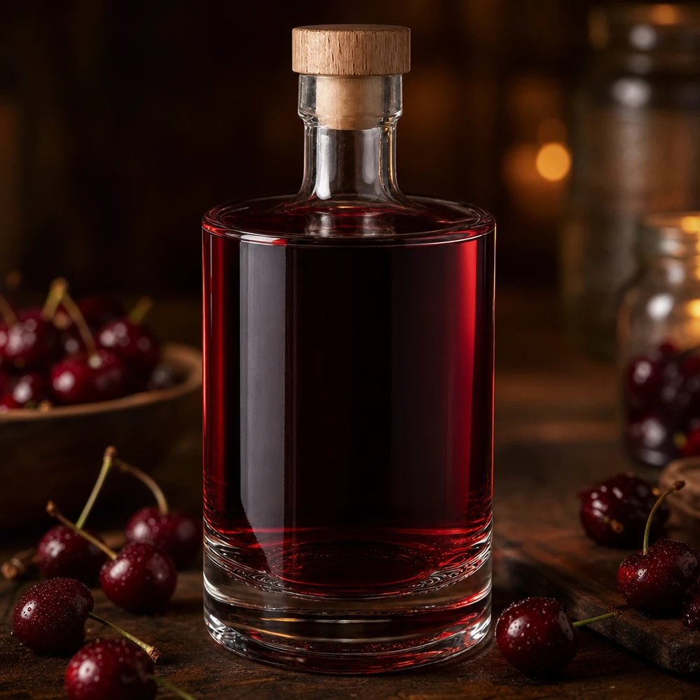 500ml Glasflasche "Marie" mit Holzgriff-Korken UNiTWIST 500ml Glasflasche Marie mit rotem Kirschlikör befüllt - Holzkorken Verschluss - Lifestyle Produktfoto mit Kirschen