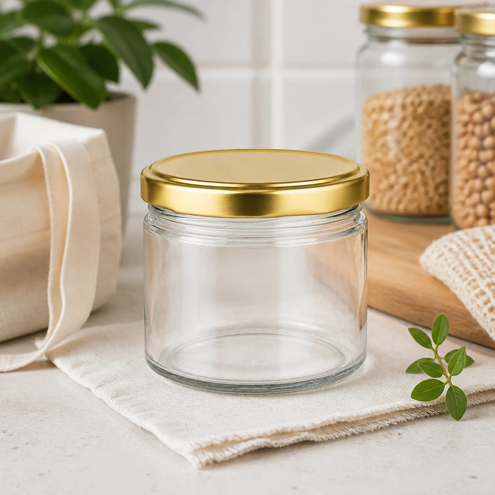 540ml Rundglas mit BasicSeal Deckel gold UNiTWIST 540ml Rundglas mit goldenem BasicSeal Deckel leer in nachhaltiger Küchen Deko mit Naturfasern und Pflanzen