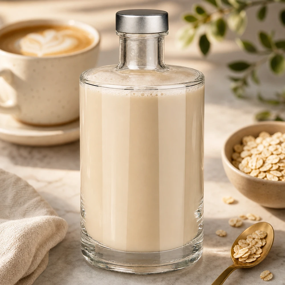 375ml Glasflasche "Sam" + Schraubverschluss silber UNiTWIST 375ml Glasflasche Sam mit cremiger Hafermilch befüllt neben Kafeetasse und Haferflocken in heller Küche