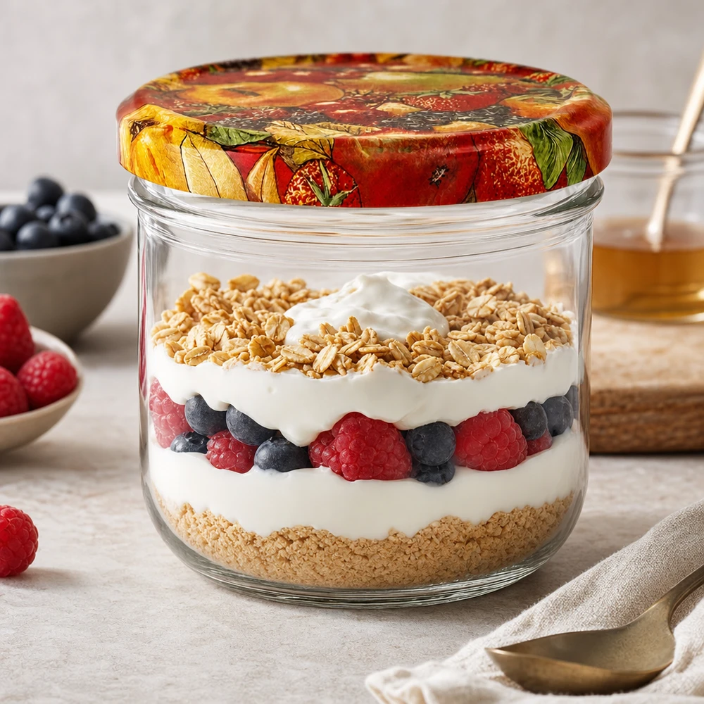260ml Sturzglas Obst-Dekor als Dessertglas mit Joghurt Beeren und Granola Schichtdessert auf Küchenarbeitsplatte