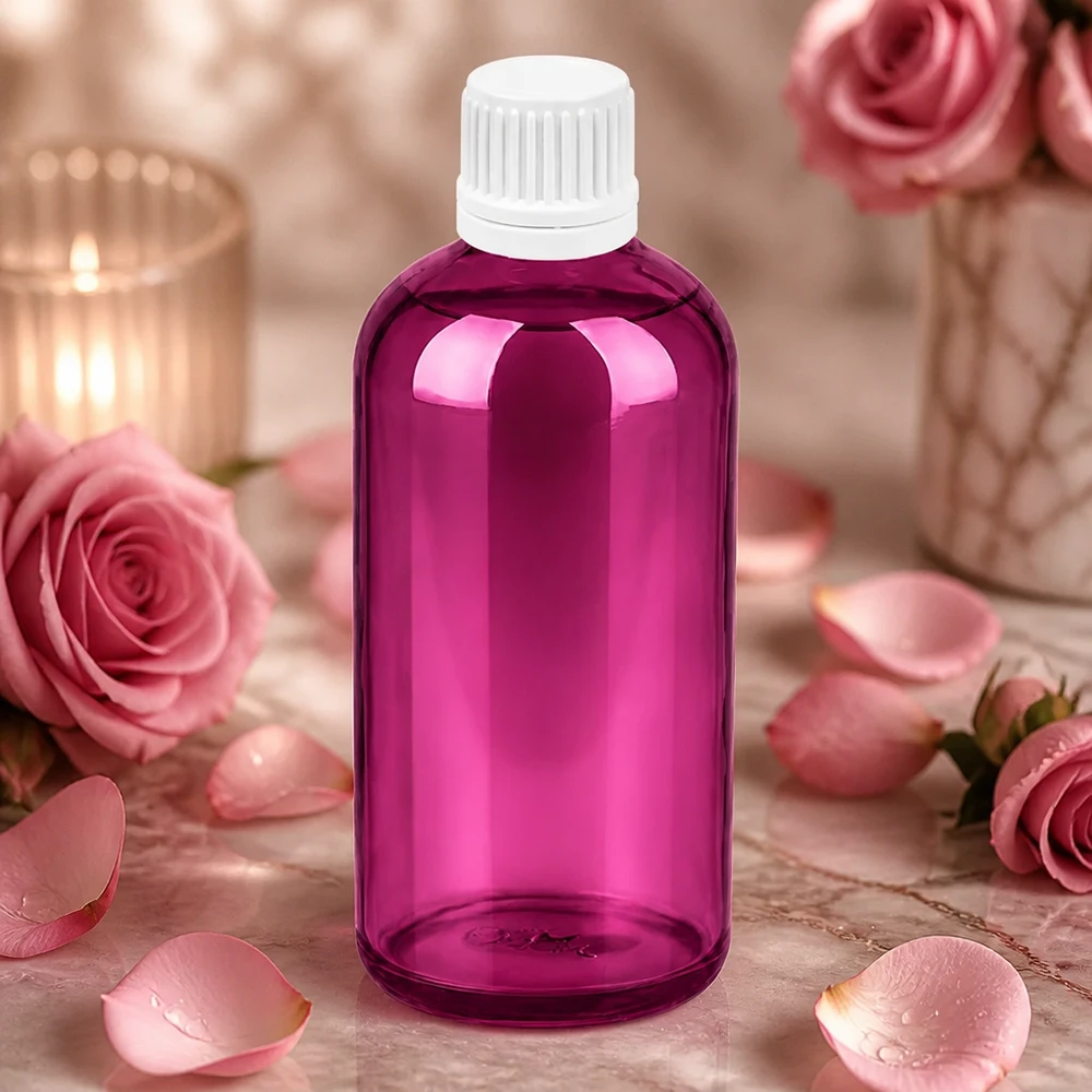 Stylische 100ml Flasche mit Tropfer in Violett-Weiß ideal für Parfüm-Kreationen und Essenzen