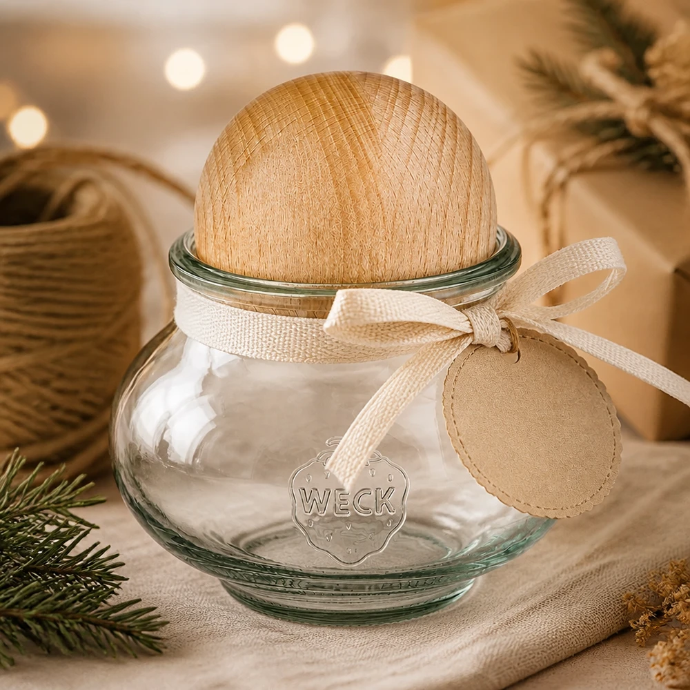560ml Schmuckglas WECK RR80 mit Holzkugel Buche WECK Einmachglas 560ml RR80 Holzkugel Buche Geschenkverpackung Schleife Weihnachtsdeko festliche Präsentation