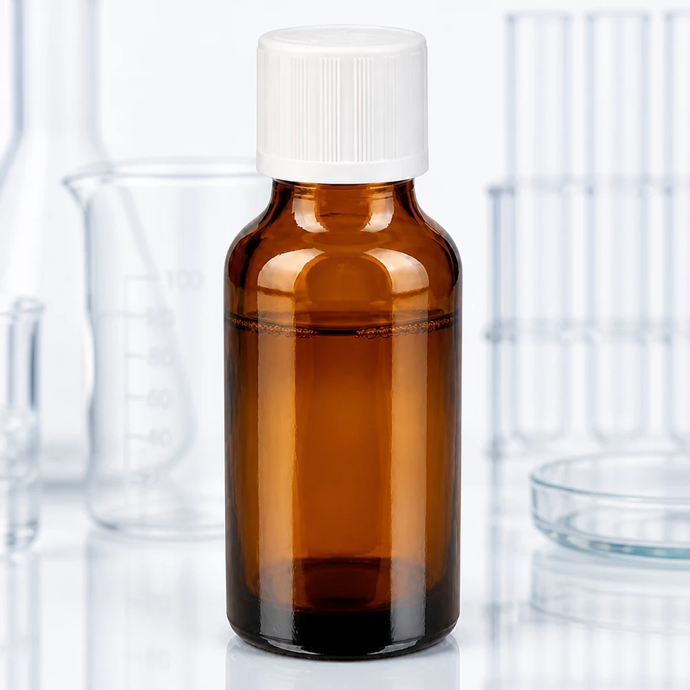 Apothekenflasche braun 20ml Tropfverschluss weiß Kindersicherung Standard Kompakte 20ml ApoGlas-Tropfflasche mit weißem Sicherheitsverschluss neben Becherglas und Petrischale