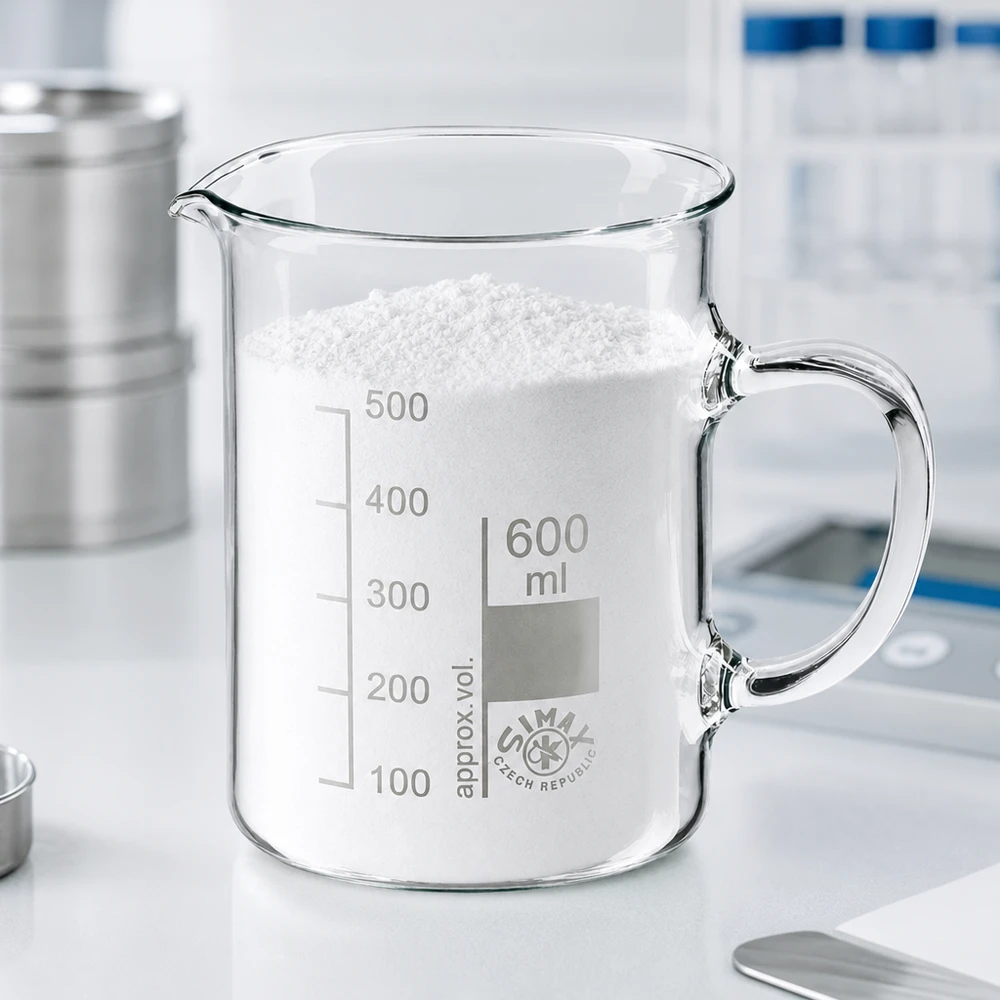 Becherglas 600ml Borosilikatglas, mit Henkel Hochwertiges Becherglas 600ml Borosilikatglas mit Ausgießer Henkel und weißem Pulver