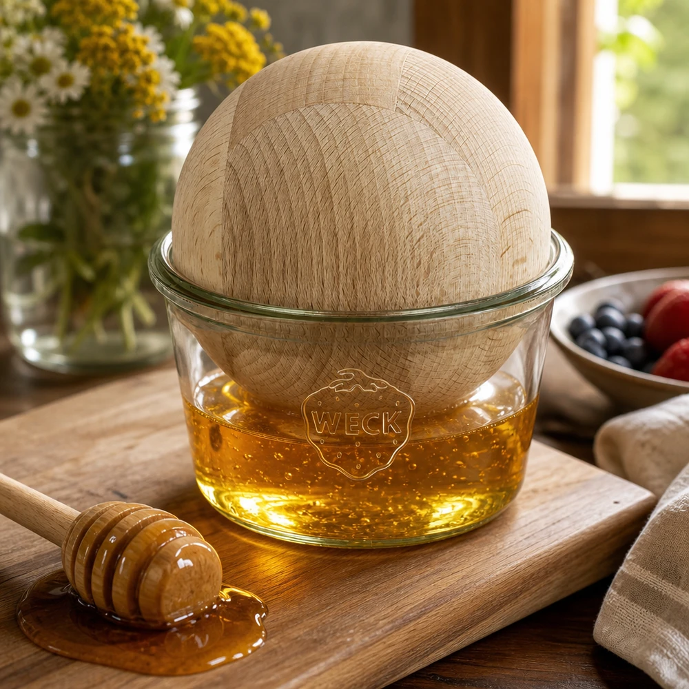370ml Sturzglas WECK RR100 mit Holzkugel Buche WECK Sturzglas 370ml als Honigspender mit Buchenkugel auf Holzbrett neben Honiglöffel natürliche Küchendeko